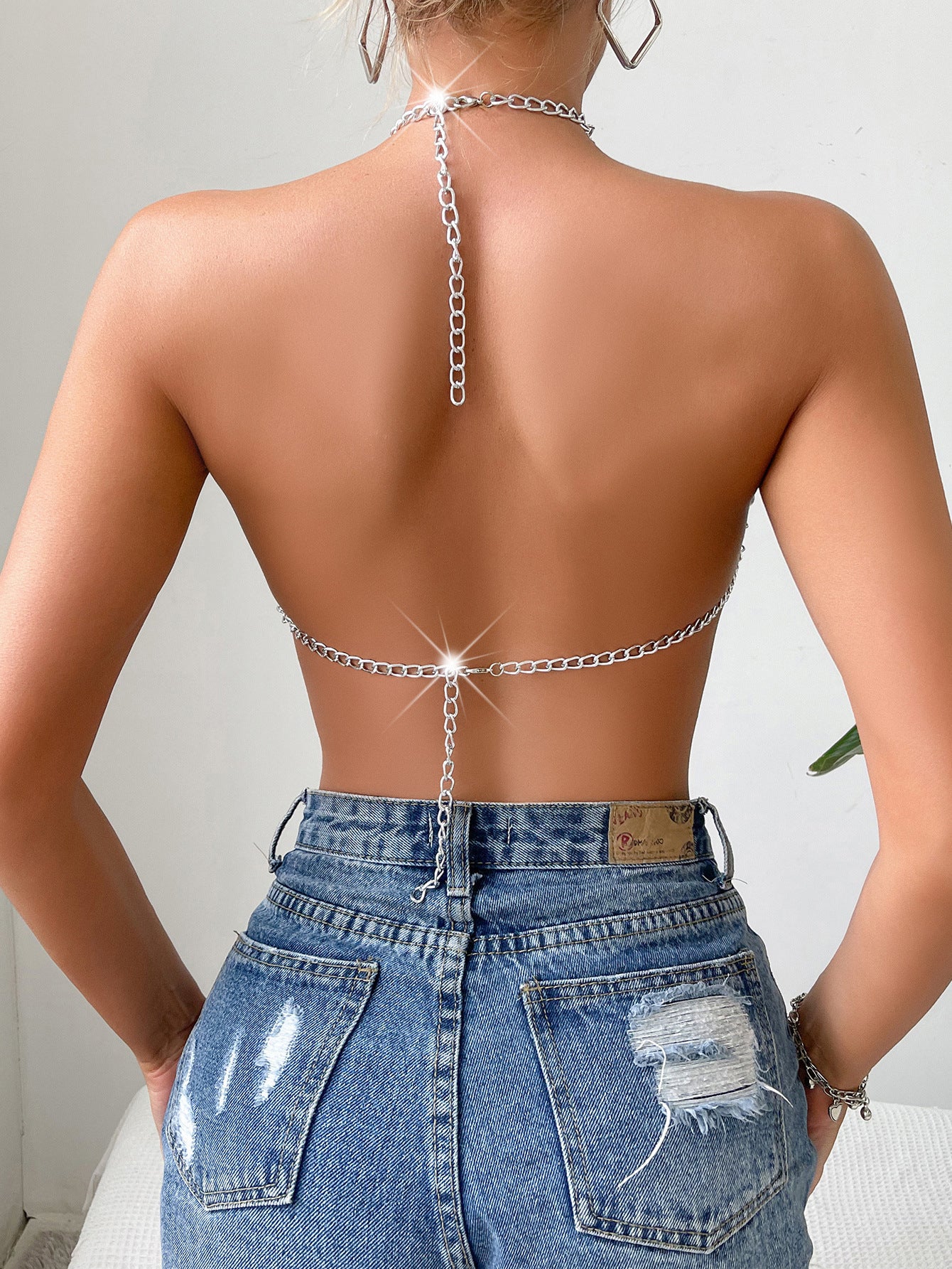 Summer Sexy Stitching Tube Top Chain Halter Gemstone Top