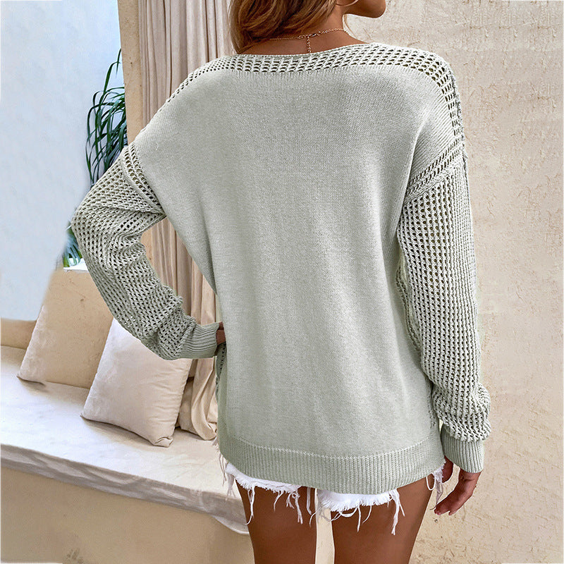 Solid Color Hollow Out Cutout Sweater Women Autumn Winter V-neck Pullover Sweater Top