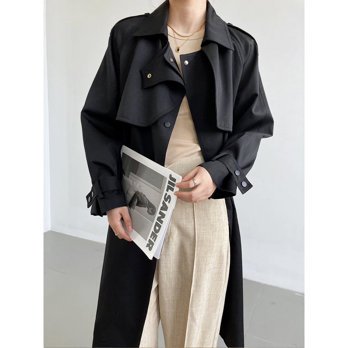 Mid-Length Trench Coat Thin Women Autumn Winter Small Waist-Tight Fashionable Coat