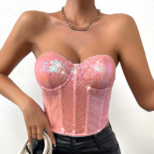 Girls Nightclub Street Chest Wrap Sequin Zipper Heavy Industry Tube Top