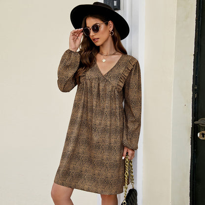 Fall Winter V- neck Printed A line Dress Leopard Print Dress