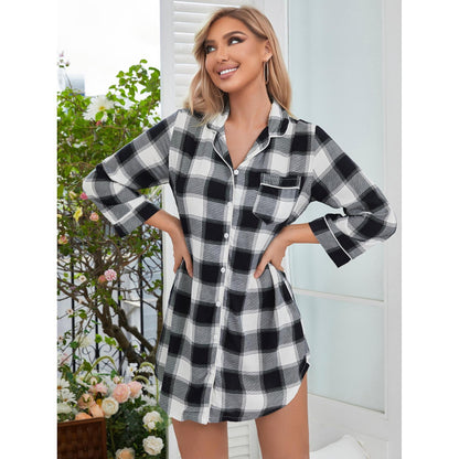 Nightdress Summer Plaid Long Sleeved Shirt Night Dress Women  Home