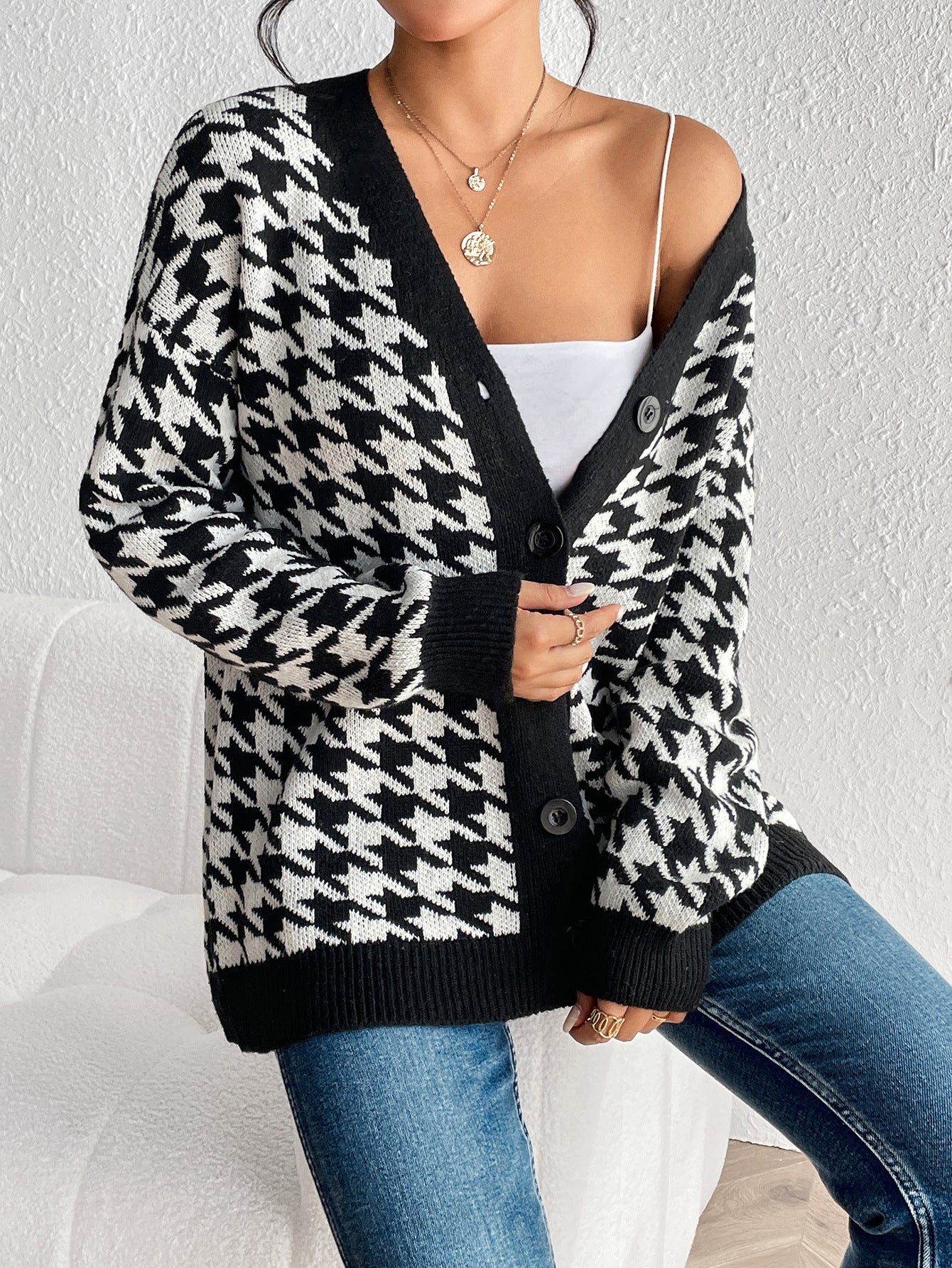 Autumn Winter Contrast Color Houndstooth Cardigan Coat Knitted Sweater