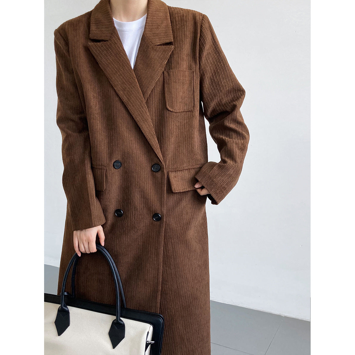 Corduroy Blazer Women Mid Length over the Knee Spring Autumn British High Sense Woolen Coat