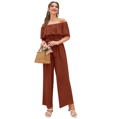 Women Clothing Summer Casual off Shoulder Ruffle Sleeve Lace up Cropped Wide Leg Pants