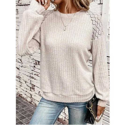Autumn Comfort Casual Lace Stitching Solid Color Pullover Long Sleeve Top T Shirt Women