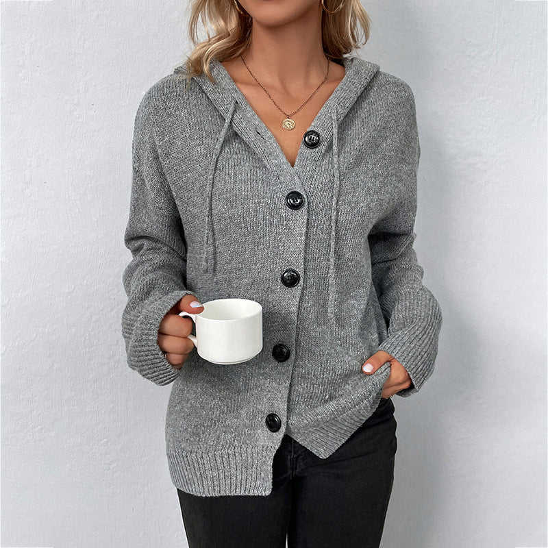 Solid Color Hooded Single-Breasted Sweater Women Autumn Winter Drawstring Knitted Cardigan Coat Women