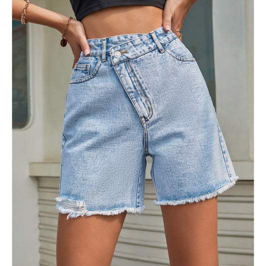 Women Clothing Spring Summer High Waist Loose Slimming Raw Edge Denim Shorts