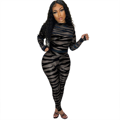 Women Clothing Striped Printed Sheer Mesh Sexy Jumpsuit