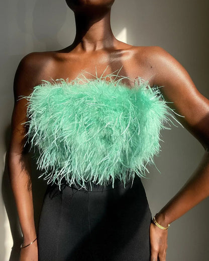 Spring Summer Feather Multi Color Fur Tube Top Top