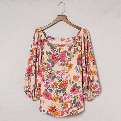 Oblique Shoulder Tops Women Spring Autumn Plant Floral Printed Loose Long Sleeves T-shirt Women