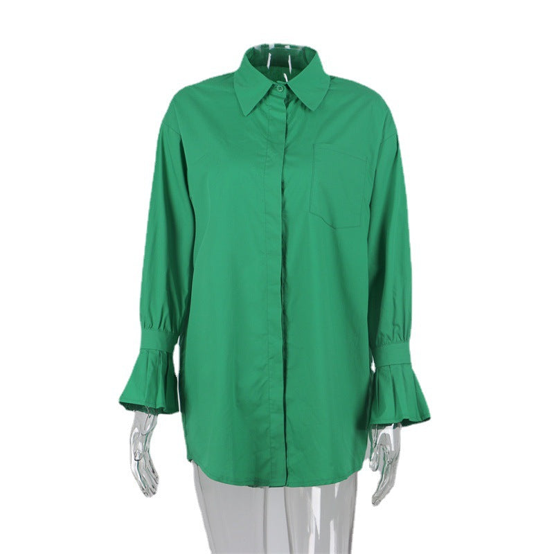 Autumn Clothing Retro Green Loose Long Sleeve Long Shirt Women Oversized Shirt