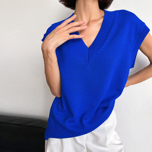 Loose V Neck Knitted Sweater Vest Women Polo Autumn Winter Sleeveless Knitwear Women