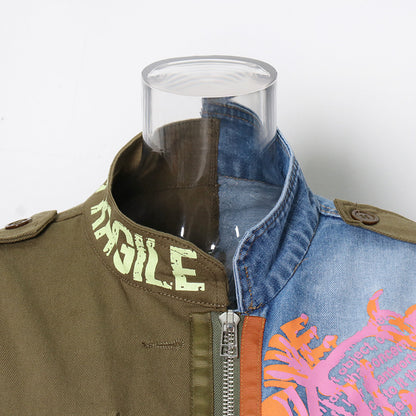 Street Hipster Winter Irregular Asymmetric Stitching Small Stand Collar Zipper Collage Short Personalized Denim Jacket