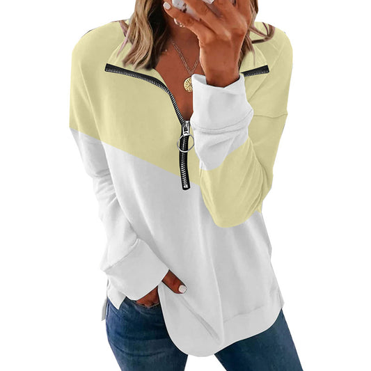 Autumn Winter Contrast Color Zipper Pullover Sweater Women Loose All-Matching Long Sleeve Top