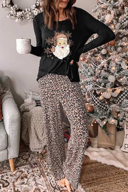 Winter Long Sleeve Loungewear Suit Women Santa Leopard Print Loose Home Two Piece Set