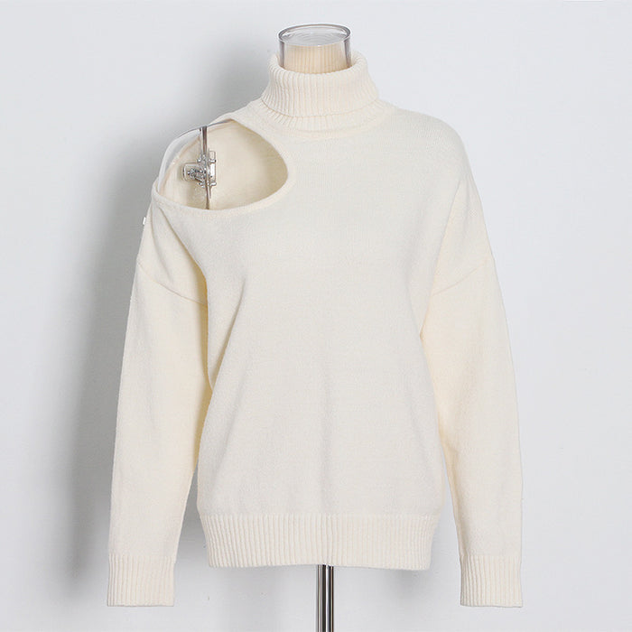 Off the Shoulder Sweater Autumn Solid Color Turtleneck Cool Long Sleeve Loose Sweater Women