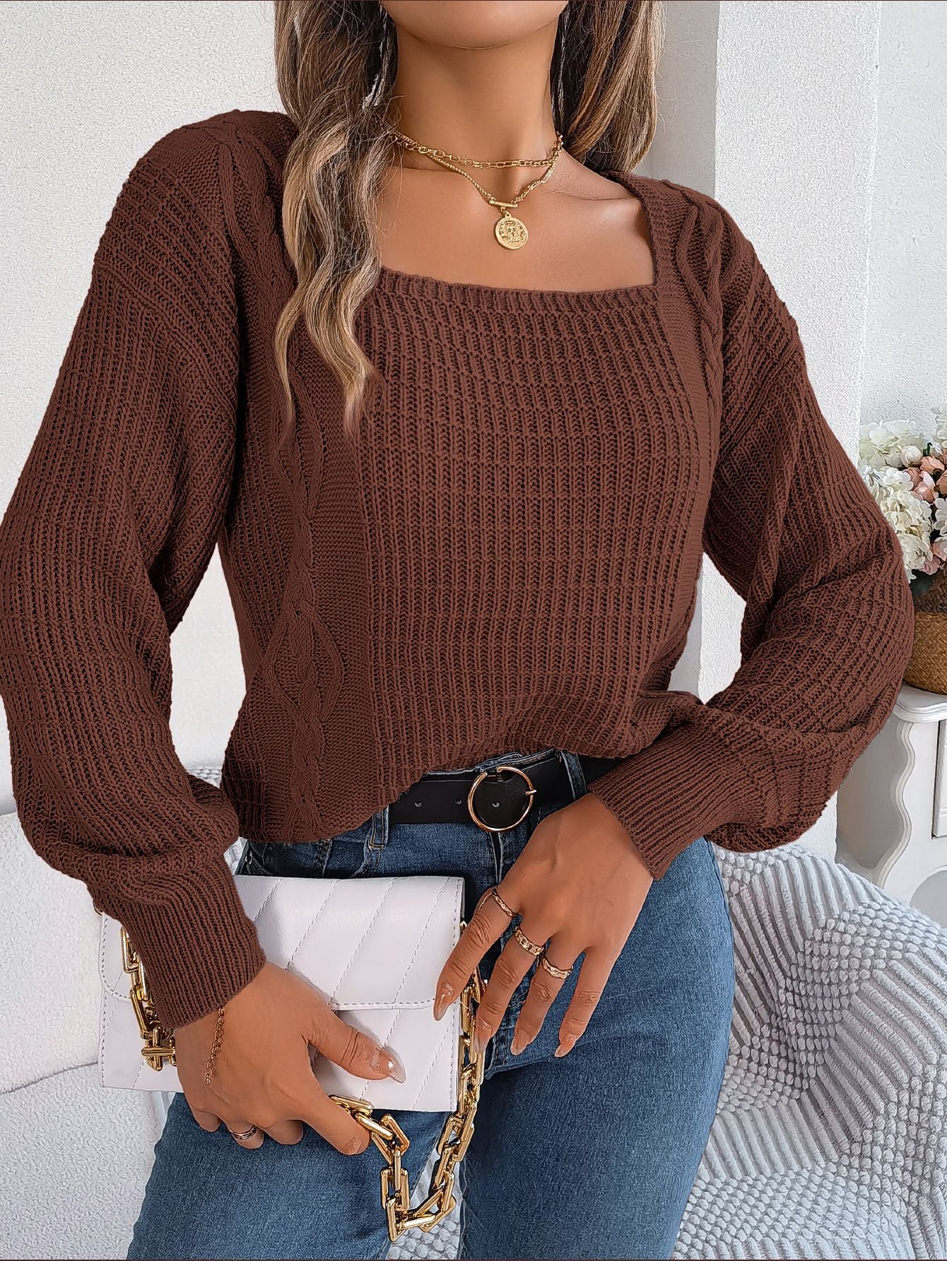 Autumn Winter Casual Solid Color Square Collar Twist Lantern Sleeve Knitted Pullover Sweater Women Clothing