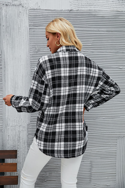 Women Casual Button Pocket Plaid Loose Woolen Coat