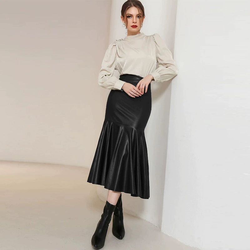 Leather Skirt Elegant Black Leather Skirt High Waist Slimming Sheath Trendy Skirt