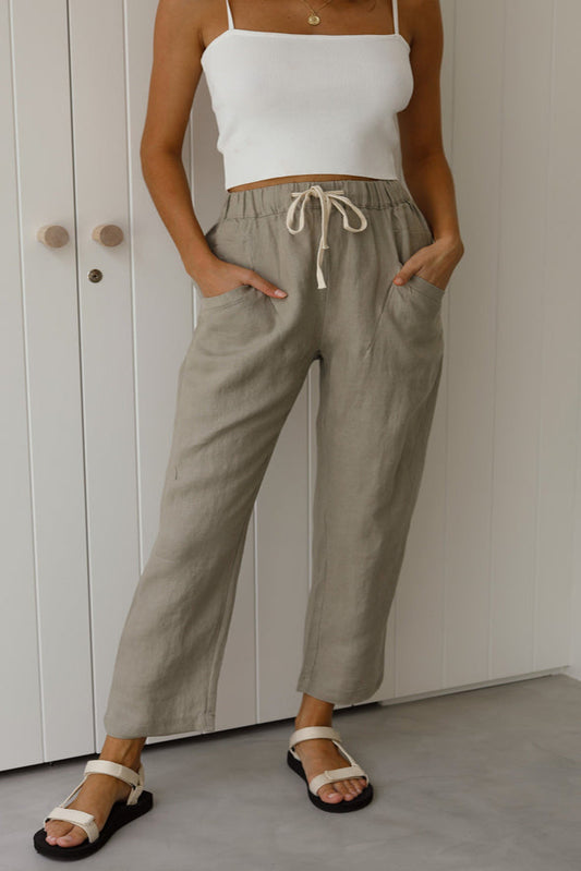 Summer Women Solid Color Casual Lace up Cotton Linen Pants