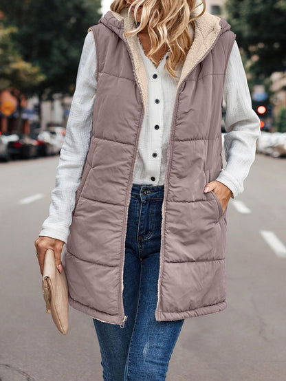 Simple Stitching Plush Double Sided Women Vest Hooded