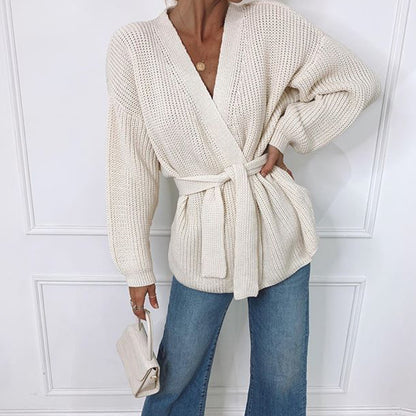 Autumn Winter Women Thick Stick Knitted Cardigan Long Sleeve Lace Bathrobe Solid Color Loose Sweater