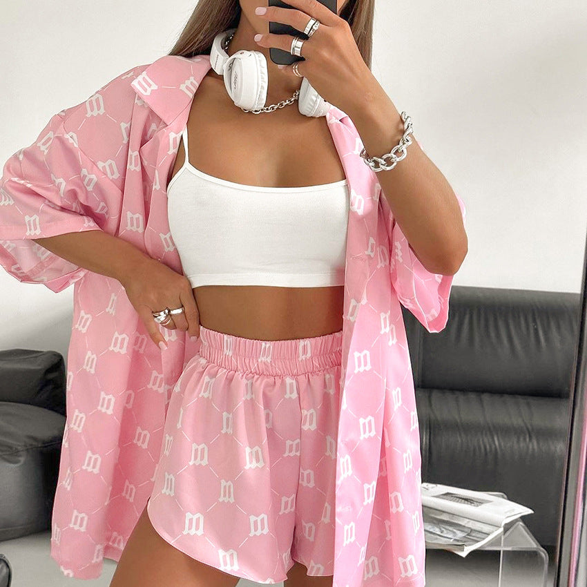 Textured Silk-like Printed Pajamas Women Thin Cardigan Shorts Set Summer Can Be Worn outside Loose Home Wear