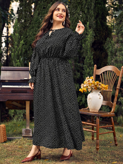 Plus Size Women Dress Polka-Dot Loose-Fitting  Girls Long Sleeve Dress