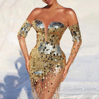 Summer Women Clothing Dress Sequined off Shoulder Sexy Mesh See through Long Evening Dress