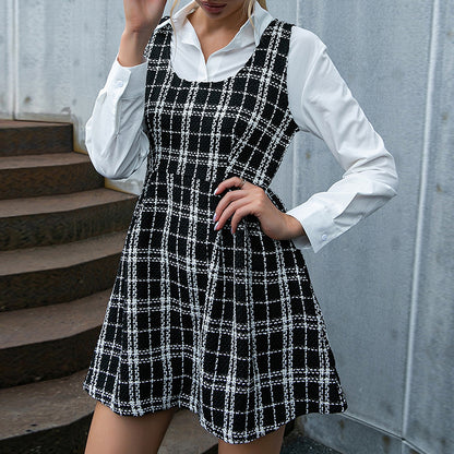 Women Clothing Cami Dress Elegant Plaid Woolen  Autumn Winter Dress for Women