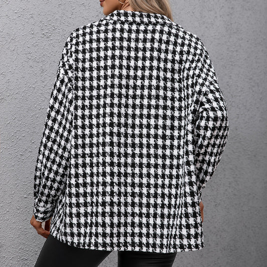 Single Breasted Houndstooth Casual Jacket Collared Windbreaker Coat Top Women