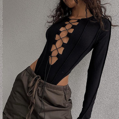 Summer Women Sexy Hollow Out Cutout Slim Solid Color Long Sleeved Jumpsuit
