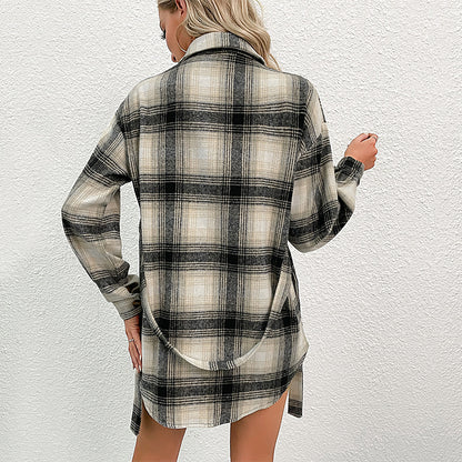 Autumn Winter Women Clothing Long Plaid Shacket for Women