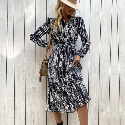 Women Wear Long Sleeve Printing Collared Spring Dress