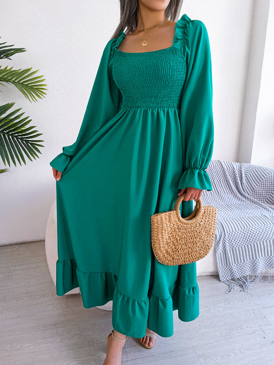 Spring Summer Casual Square Collar Flare Large Swing Ruffled Maxi Dress Women Clothing