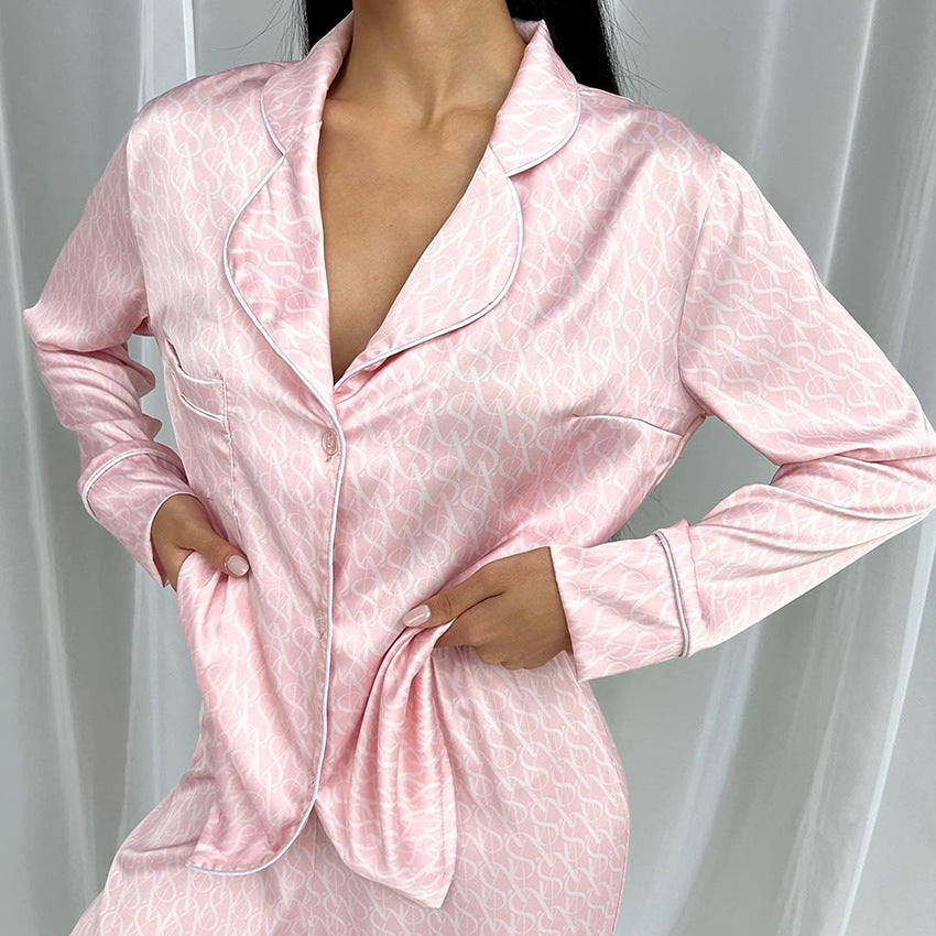 Fall Pink Printing Artificial Silk Loose Comfort Casual Breathable Ladies Homewear Daily Wear Pajamas