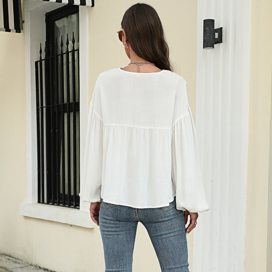 Autumn Winter Solid Color Pullover Lantern Sleeve Chiffon Shirt Top