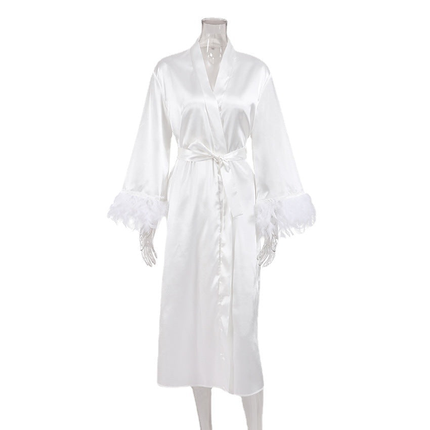Summer White Lace up Nightgown French Fairy Fashion Feather Comfort Ice Silk Women Home Pajamas