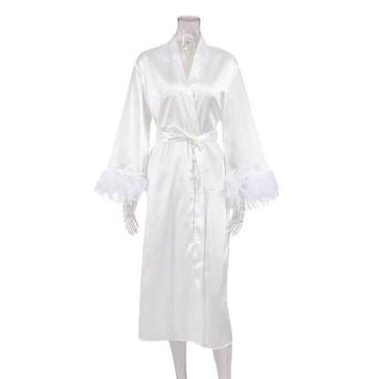 Summer White Lace up Nightgown French Fairy Fashion Feather Comfort Ice Silk Women Home Pajamas
