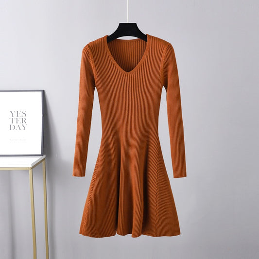 Autumn Winter Woolen  Base Knitting Dress Women Waist Slimming Mid Length Inner Wear A line