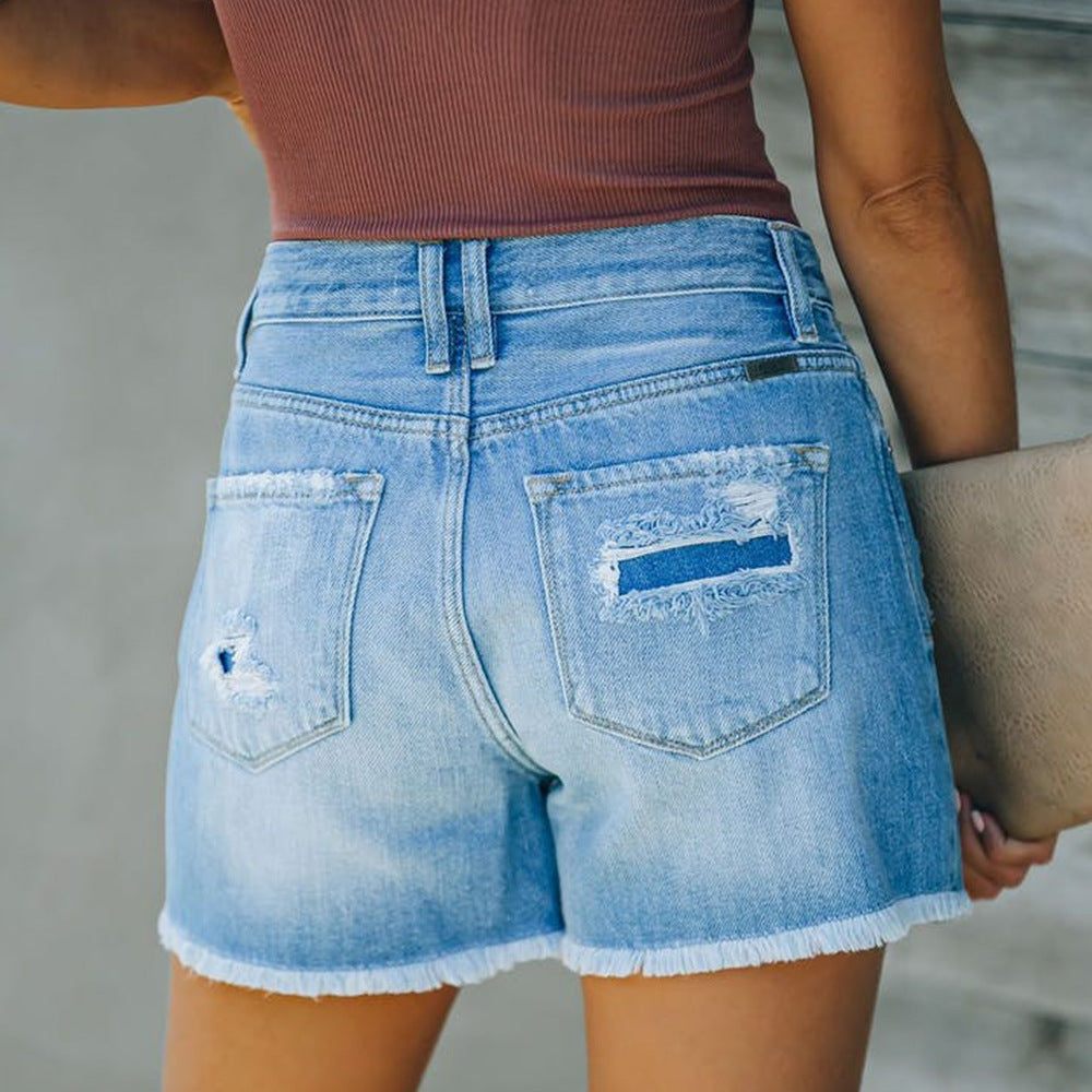 Women Clothing New Hole Patch Tassel Special One Breasted Denim Shorts  Pants