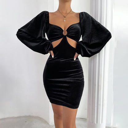 Women Clothing Sexy Cutout Ring Slim Fit Waist Graceful Puff Sleeve Sheath Velvet Halloween Dress