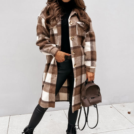 Autumn Winter Long Single Breasted Collared Shacket Woolen Coat