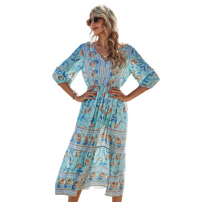 V-neck High Waist Bohemian Dress Mid-Length A- line Dress