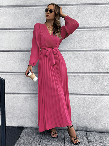 Autumn Winter Women V neck Long Sleeve Pleated A line  Mid Length Dress