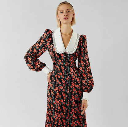 Early Spring Dignified Sense of Design Printed Maxi Dress Doll Collar Waist Slimming Long Sleeve Dress