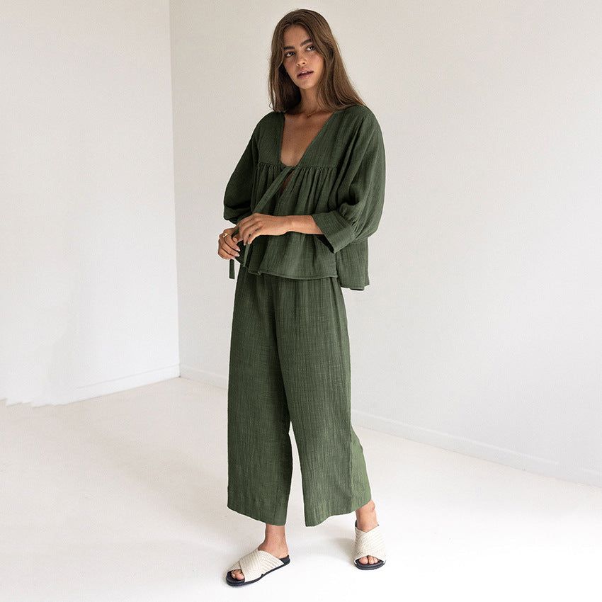 Autumn French Simplicity Natural Comfortable Sleeve Double Layer Crepe Bow Pajamas Women Homewear