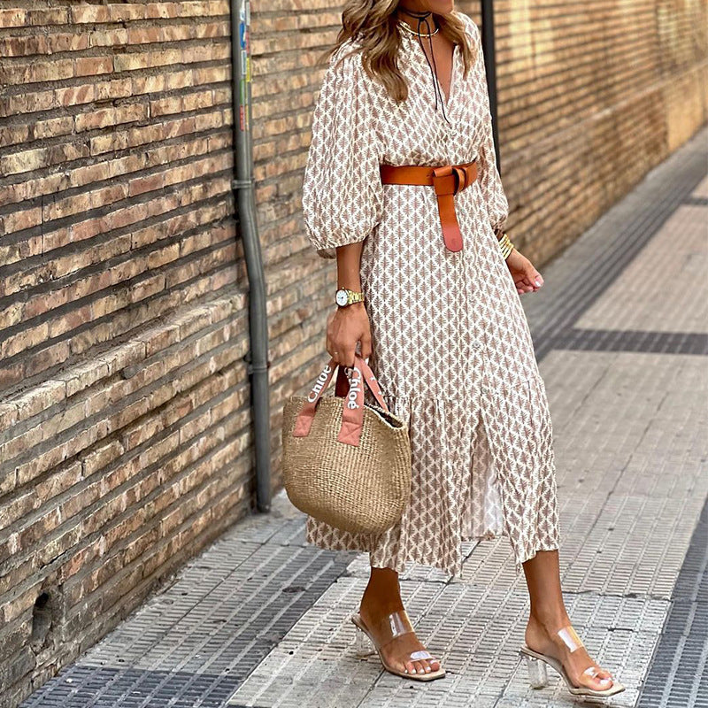 Autumn Winter Belt Printed V neck Simple Maxi Dress