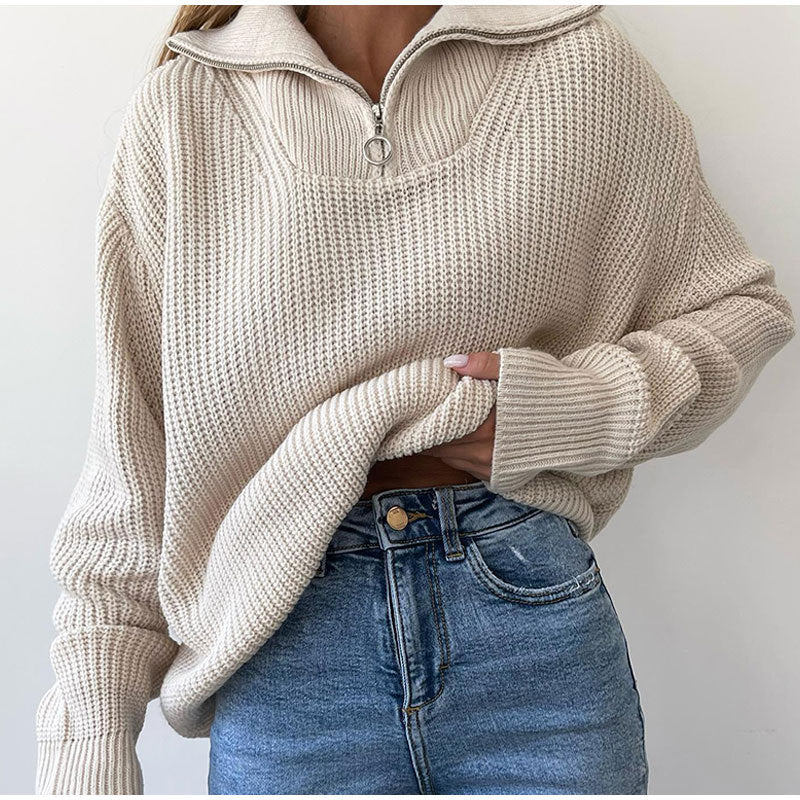 Zipper Sweater Pullover Knitted Loose Casual Women Clothing Women  Autumn Winter